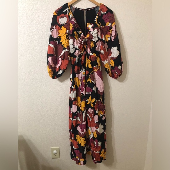 Anthropologie Maeve Deep V Ruched Midi Floral Dress - Size 2 - Picture 2 of 9
